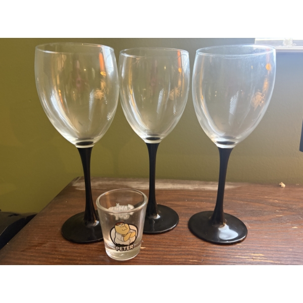 3 wine Glasses & Family Guy Shot Glass