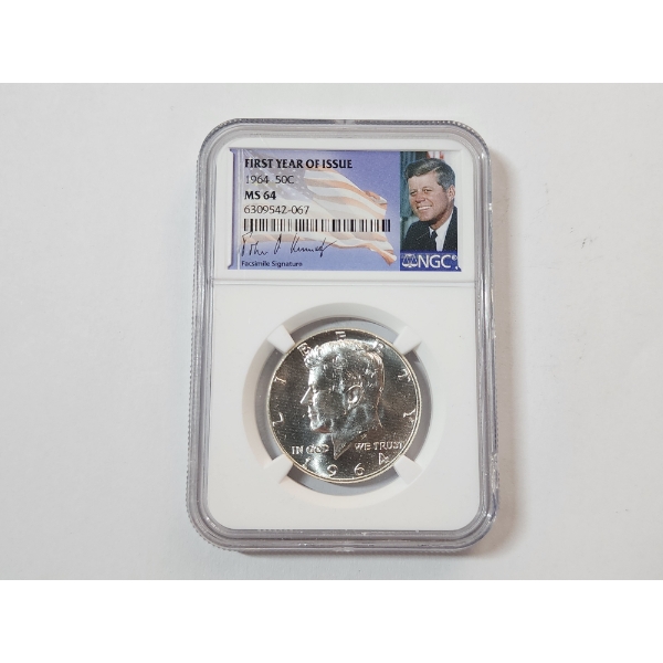 1964 Kennedy Half Dollar - 90% Silver - First Year of Issue - Graded NGC MS 64