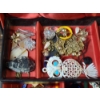 Image 9 : Jewelry Box Full of Assorted Costume Jewelry Including Estee Lauder Compact & Military Pins