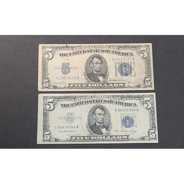 (2) $5 Blue Seal Silver Certificates Series 1934 D/1953 - Face Value: $10.00