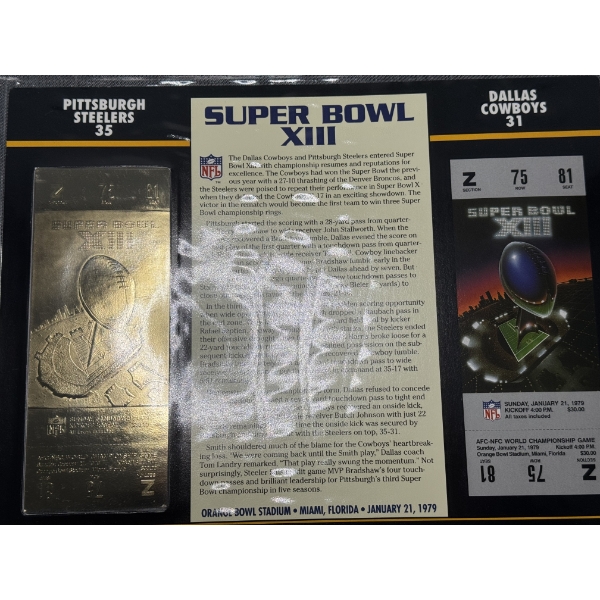 Authentic 1979 Super Bowl XIII NFL Football Ticket & 24K Gold Plated Ticket - Mint Condition