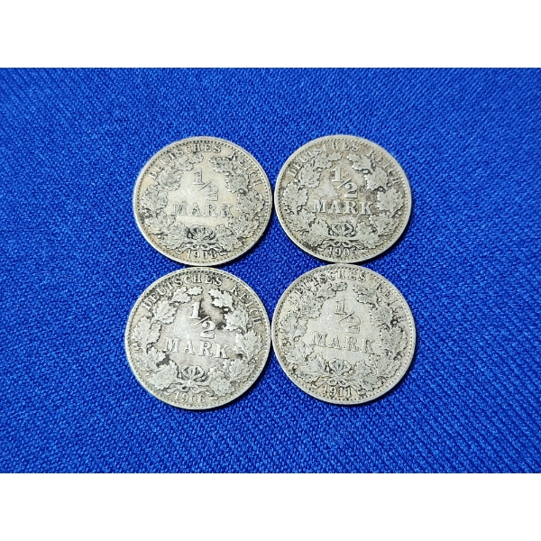 x4 Assorted Years German Empire 1/2 Mark Silver Coins ASW: 0.0804oz Each