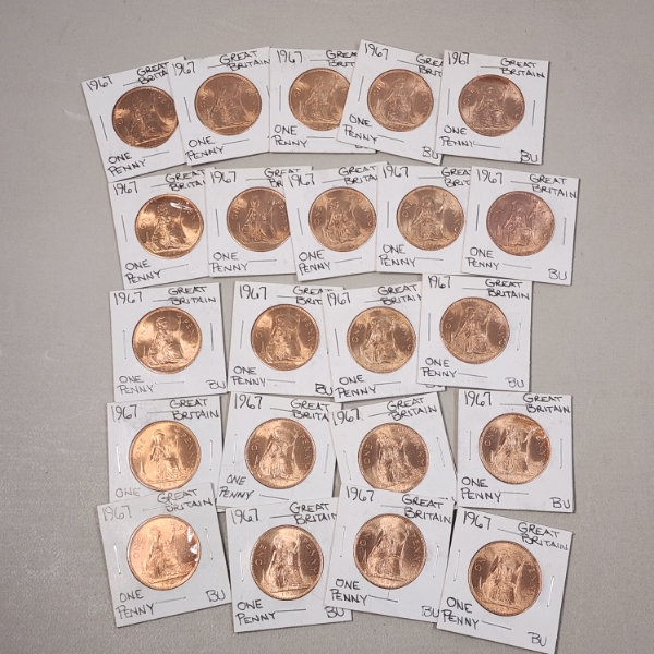 Lot of 22 Brilliant Uncirculated 1967 Great Britain One Penny Coins 