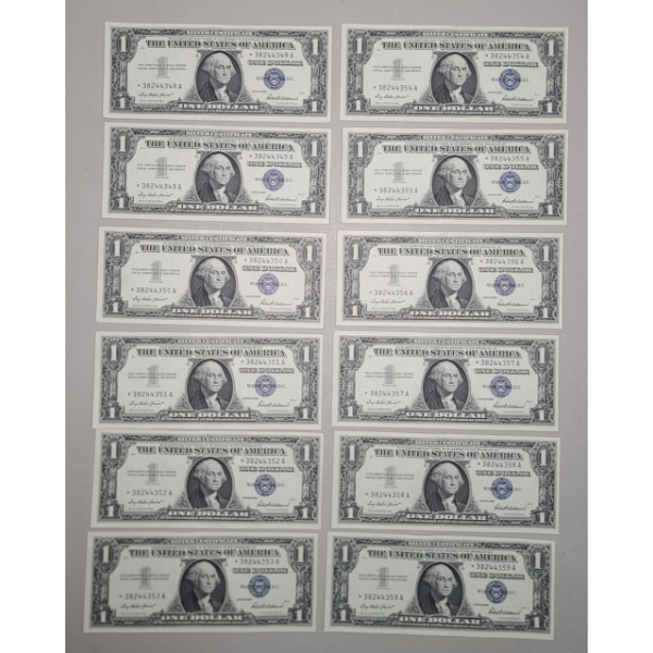 (12) U.S Series 1957 Crisp $1 Silver Certificate CONSECUTIVE STAR Notes - 348A-359A - Uncirculated