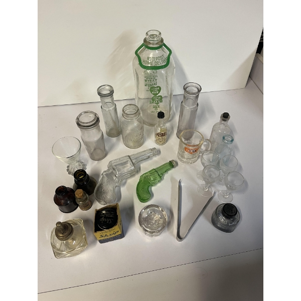 Glassware - Miscellaneous Items - 2 Gun Glasses - Tongs - 24 total items - Royal Blue Skrip Successo