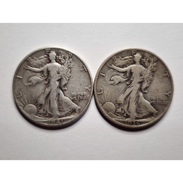 Two Walking Liberty 90% Silver Half Dollars ~ 1936 & 1941 ~ $1.00 Face Value