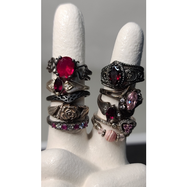 Sterling Silver Rings With Red, White & Pink Stones - Sizes Are 8 And 9 - Total Weight: 32g