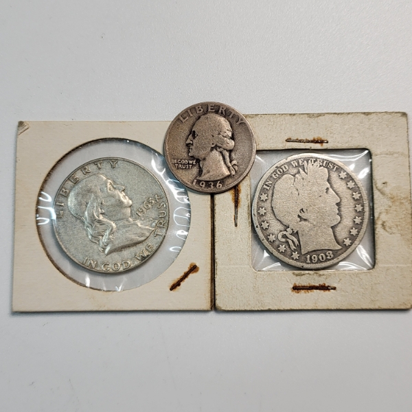 Three U.S. 90% Silver Coins: 1936 Quarter, 1963-D Franklin Half, & 1908-O Barber Half FV: $1.25