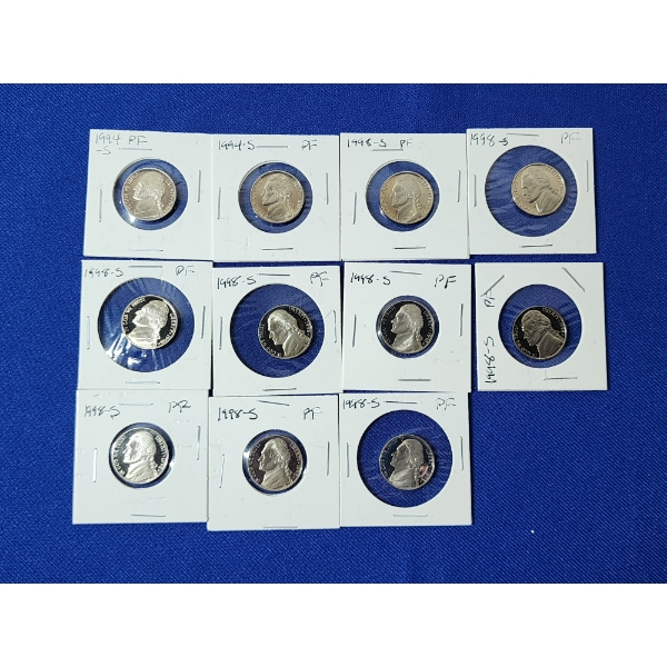 x11 Proof Jefferson Nickels - 1994-S and 1998-S FV: $0.55