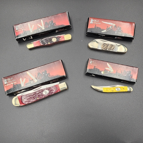 Four Assorted Frost Cutlery Steel Warrior Pocket Knives in Boxes - See Photos! 