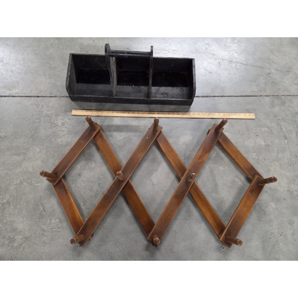 Vintage Wood Peg Rack And Handmade Wood Caddy 