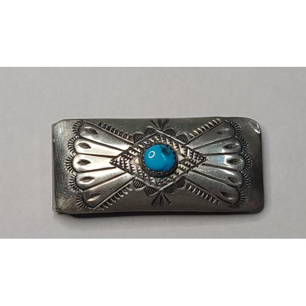 Sterling Silver Faced Money Clip With Turquoise Stone - Total Weight: 16.1g
