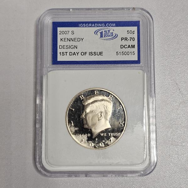 2007-S Kennedy 90% Silver Half Dollar IGS Graded as PR-70 DCAM