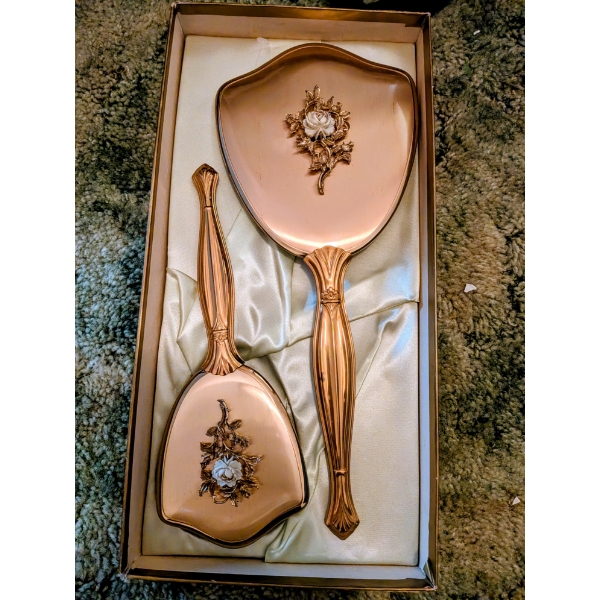 Fantastic Vintage Hand Mirror Set In Original Box, Sheer Black Scarf, And New Velvet Travel Jewelry 