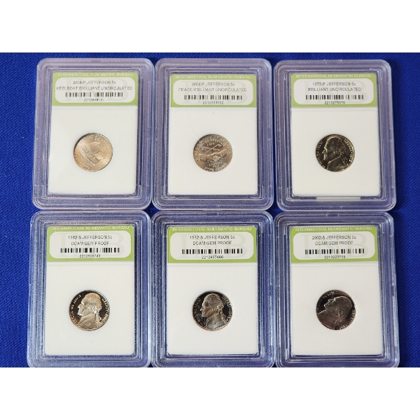x6 INB Jefferson Nickels Including Keelboat, Peace, DCAM Gem Proof, BU, Assorted Years