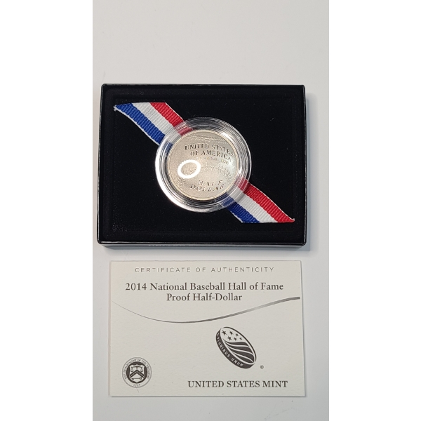 2014-P U.S National Baseball Hall Of Fame Commemorative Proof Half Dollar In Original Box With COA