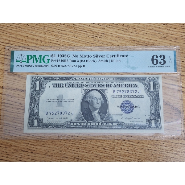 PMG 1935 G $1 No Motto Silver Certificate Fr# 161R3 Run 3 EPQ 63 Choice Uncirculated