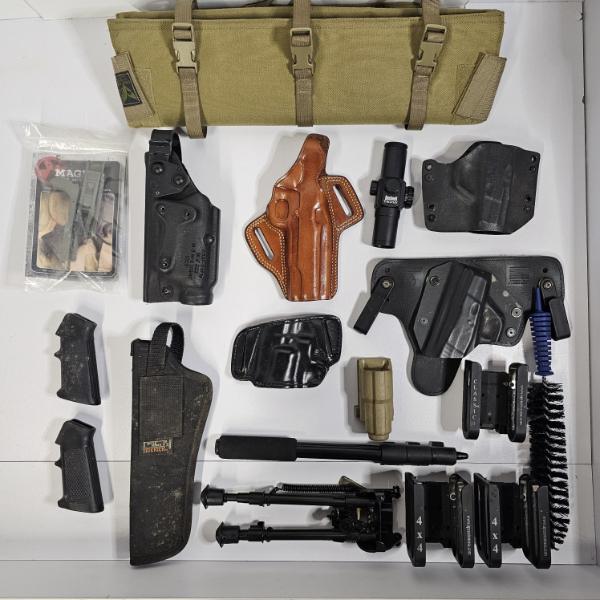 Tactical Firearm Holsters, Support Gear, And Maintenance Accessories Flat Lay Layout