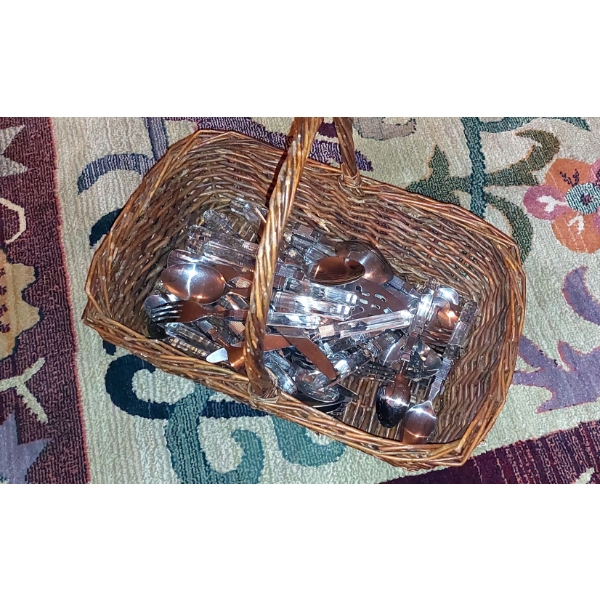 Lot Of Party Flatware In Open Picnic Basket As shown - Appears To Never Have Been Used