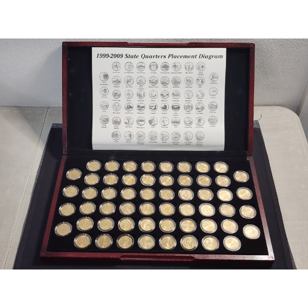 Large Gold Plated State Quarter Collection In Wooden Display & Storage Box - $14 Face Value