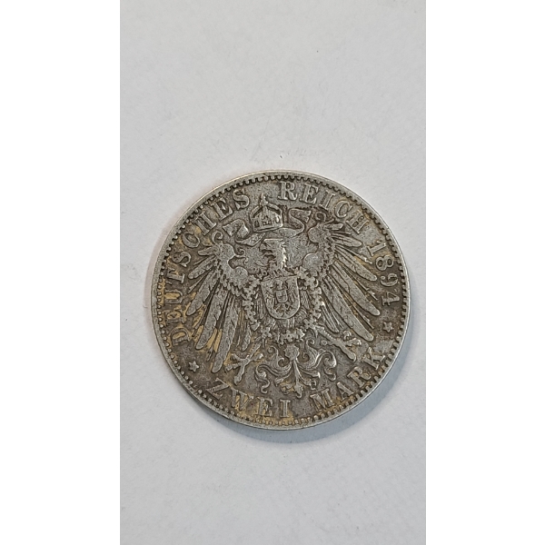 1894-G German States Von Baden "Zwei Mark" 2 Mark 90% Silver Coin