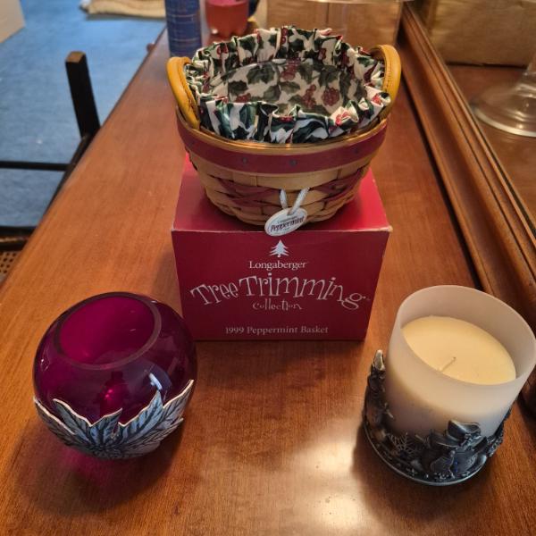 PICKUP IN CANTON - CHRISTMAS LONGABERGER PEPPERMINT BASKET & 2  SPECIAL CANDLE HOLDERS
