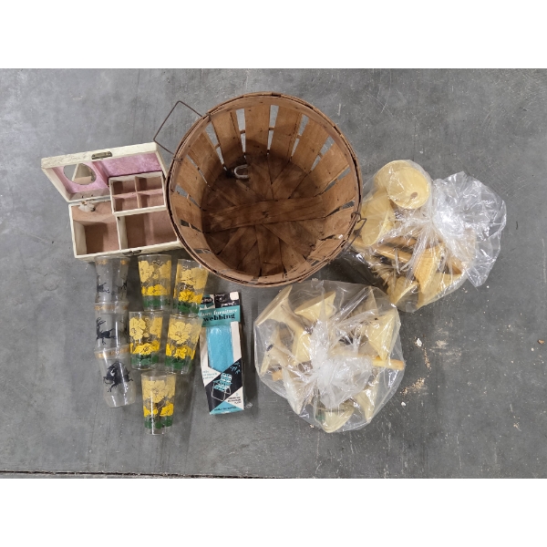 Vintage Collectables Including Drinking Glasses, Apple Basket, Candle Lights, And Jewelry Box