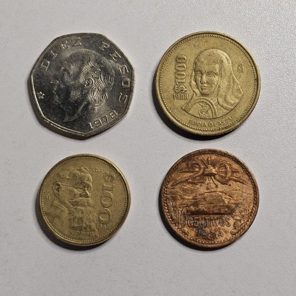 Four Historical Mexican Coins Spanning from 1944 to 1990