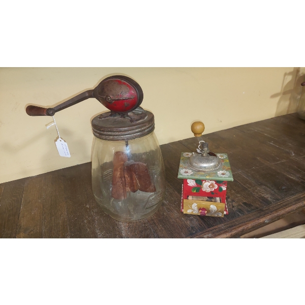 Antique DAZEY Crank Butter Churn  & Small Decorated Coffe Grinder - See pIcs