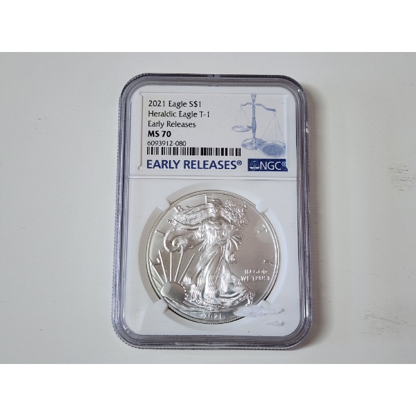 NGC MS70 2021 American Silver Eagle Heraldic Eagle T-1 Early Releases 1 oz .999 Fine Silver
