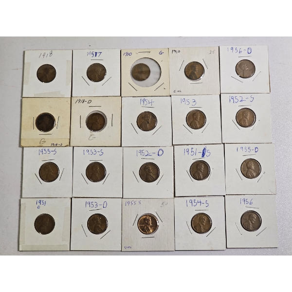 Assortment of Lincoln Wheat Cents from Various Years and Mints