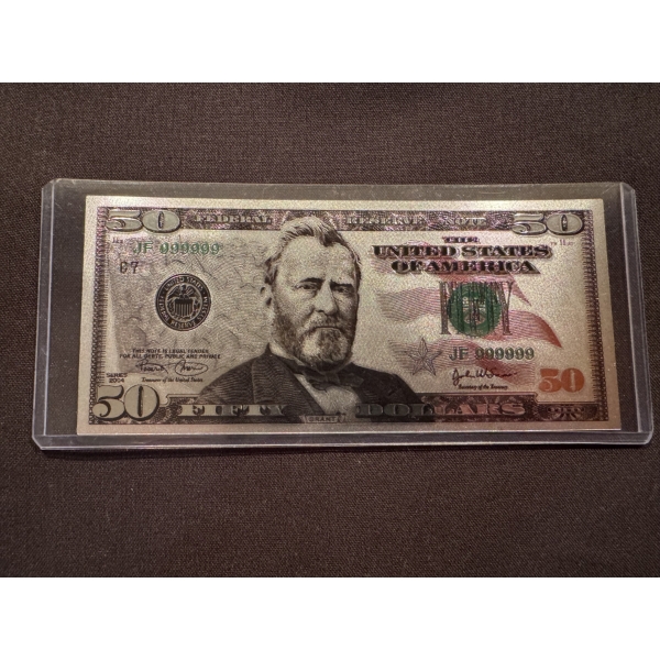 Incredible $50.00 Grant .99999 Silver Foil Note In Protective Holder - Mint Condition
