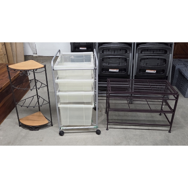 Excellent Condition Plastic 31''x16.6''x18'' Rolling Storage Center, 27''x12''x19'' Metal Rack & 29'