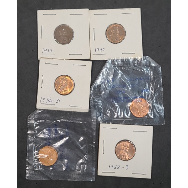 1910, 1940, 1954, 1955-S, 1956-D & 1958-D Copper Wheat Cents - Face Value: $0.06
