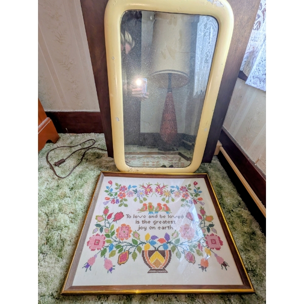 Delightful 17"x27" Framed Crosstitch & Classic Framed Wall Mirror.
