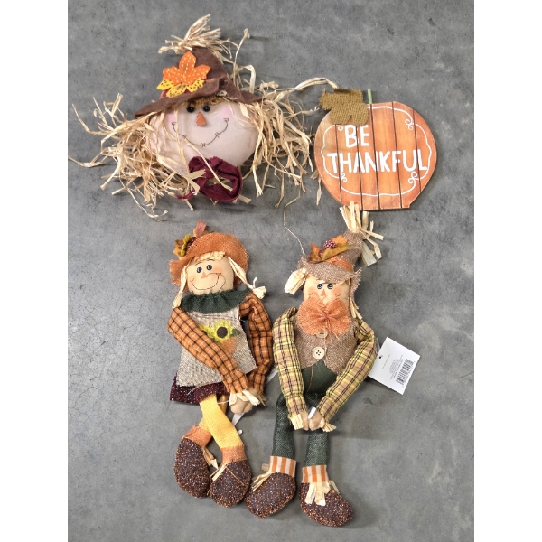 Brand New! Adorable Festive 3 Piece Scarecrow Decor & Wood Pumpkin Sign 