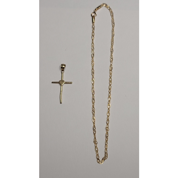 Tests As 14K Yellow Gold Cross Pendant & 10" Chain - Total Weight: 1.8g