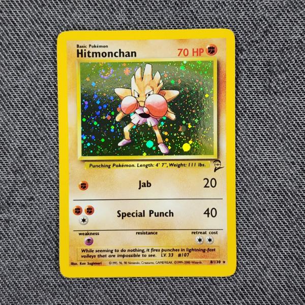 Hitmonchan 8/130 Holo Rare Vintage Base Set 2 Pokemon Trading Card ~ FT. Nice Holo Swirl!
