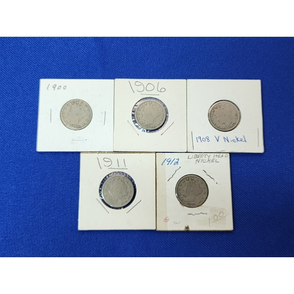 Lot of 5 Liberty Head "V" Nickels Years: 1900, 1906, 1908, 1911, 1912