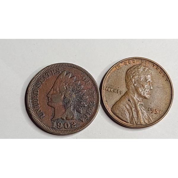 1902 Indian Head Cent & 1951 Lincoln Wheat Cent - Face Value: $0.02
