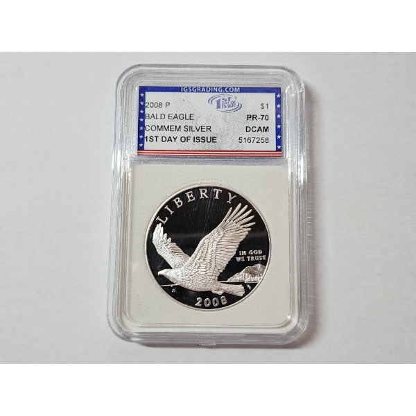 IGS PR-70 DCAM 2008-P $1 Bald Eagle FDOI Commemorative Silver Coin