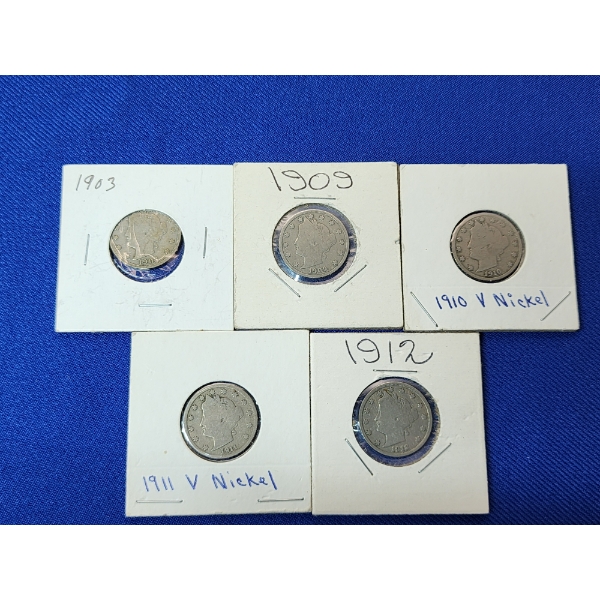 Lot of 5 Liberty Head "V" Nickels: Years: 1903, 1909, 1910, 1911, 1912