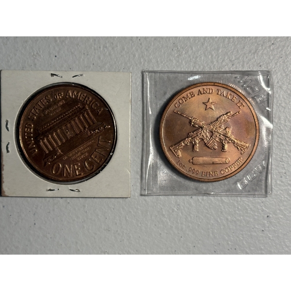 1965 Novelty Replica of a Lincoln Penny and a Novelty 1 oz .999 Copper Medallion 