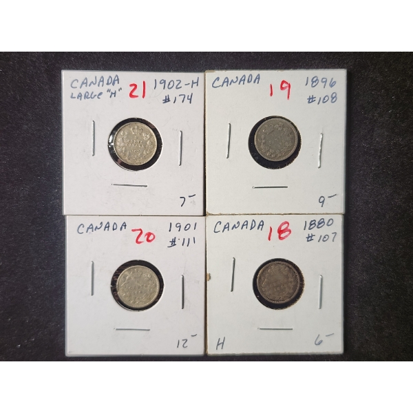 Four Assorted Canadian Sterling Silver 5 Cent Coins - 1880, 1896, 1901 & 1902 - ASW: 0.0346oz Each