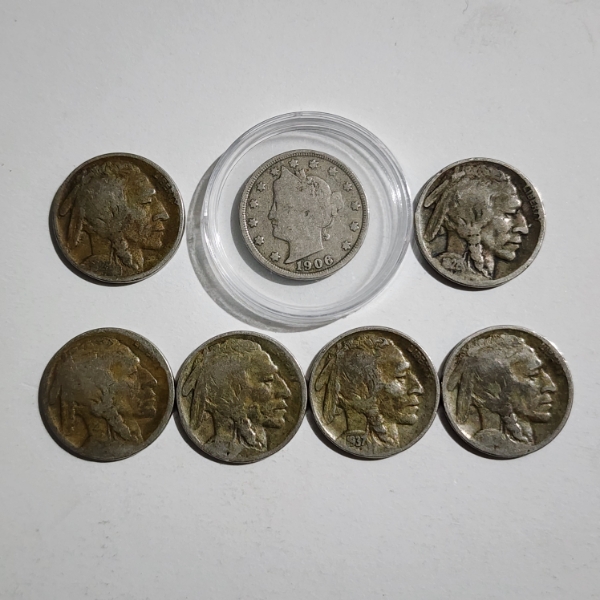 Nice Collection of Seven Assorted Collectible Nickels Including Liberty "V" Nickel & Buffalo Nickels