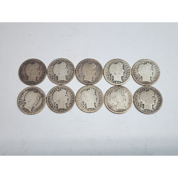 (10) U.S. Assorted Years 90% Silver Barber Dimes FV: $1.00