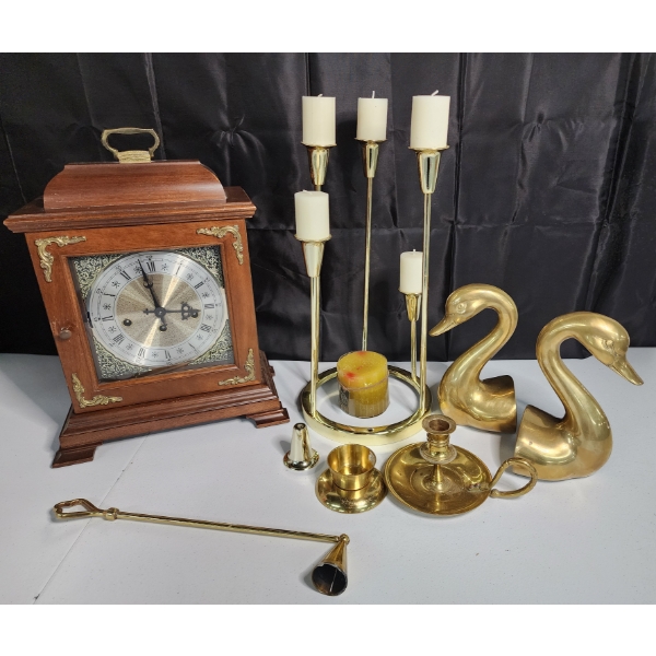 Vintage Hamilton Mantle Clock & Lot Brass Candle Holders, Snuffer, Bookends
