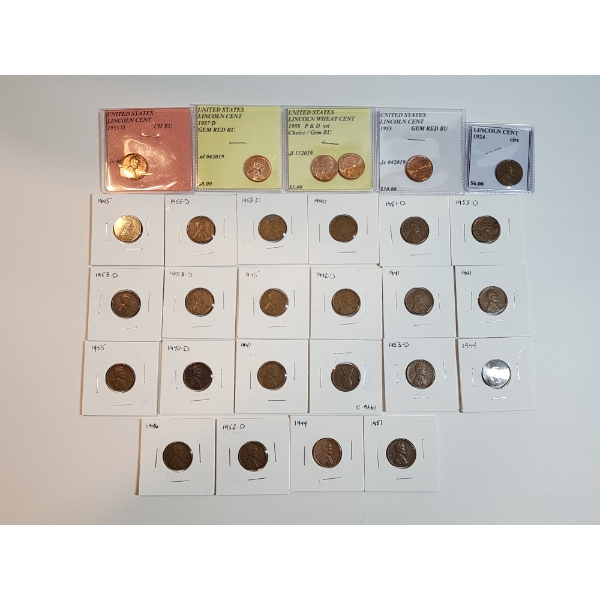 x28 Assorted Years Wheat Cents Including GEM RED BU, CH BU