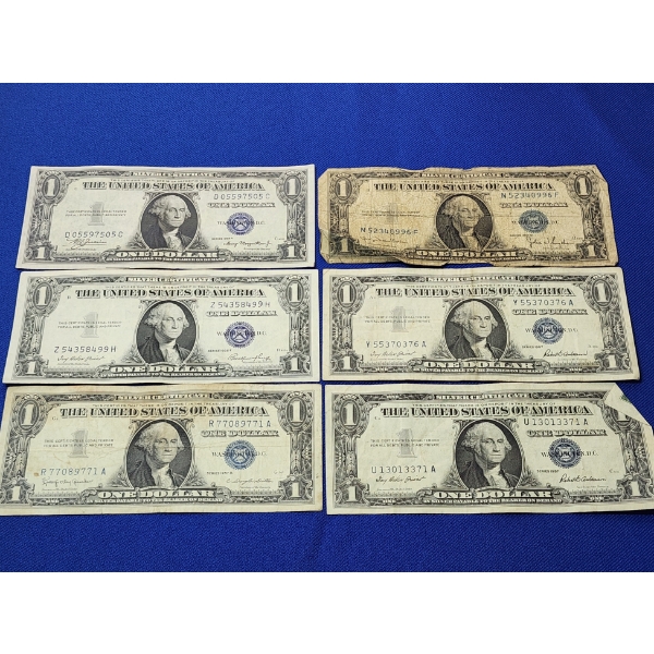 x6 United States $1 Blue Seal Silver Certificates FV: $6.00