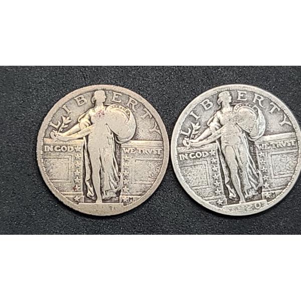 1920 & Unknown Year 90% Silver Standing Liberty Quarters - Face Value: $0.50